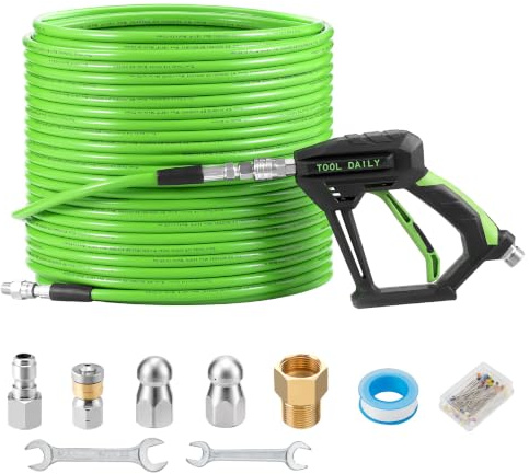 Tool Daily Sewer Jetter Kit for Pressure Washer 150 FT, Power Washer Gun | Drain Cleaner Hose 1/4 Inch NPT, Corner, Rotating and Button Nose Sewer Jetting Nozzle, 3600 PSI
