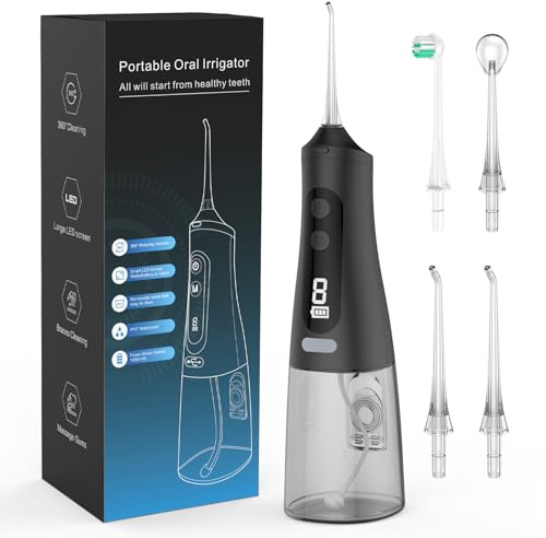 Leistungsstarke Munddusche 9 Modi & 4 Düsen Kabellose Munddusche IPX7 Wasserdicht Wasser Flosser 350ML Abnehmbarer Wassertank für Haus & Reisen (Schwarz)