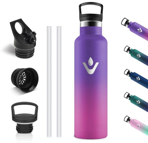 Vikastar Edelstahl Trinkflasche, Thermosflasche 750 ml, BPA-frei Trinkflasche, Thermosflasche mit Strohhalm, Trinkflaschee für Schule, Sport, Fahrrad, Camping, Tiefes Violett & Rosa
