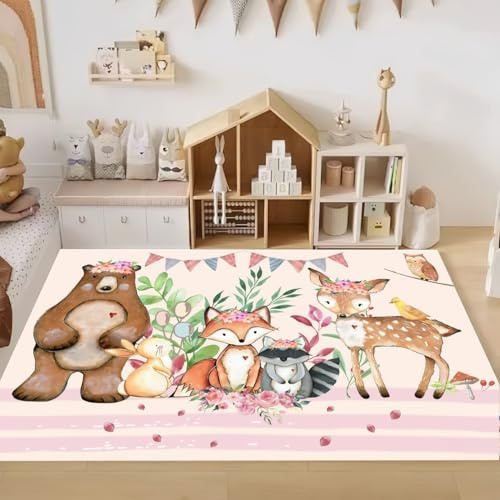 Cartoon Design Rosa Fuchs Hirsch Bereich Teppich 100x150 cm, Teppich für Kinderzimmer Flanell-Teppich Schlafzimmerdeko für Jungen und Mädchen Faltbar Spielteppich, Großer Teppich für Spielzimmer