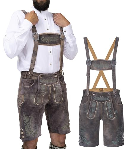 Schöneberger Trachten Couture Herren Lederhose kurz mit Hosenträger, Original Traditionelle bayerische Trachtenhose für Oktoberfest aus Original Nubukleder Königssee (58)