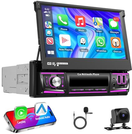 4GB+64GB Wireless CarPlay Android Auto 1Din Autoradio, Motorsi 7 Android Stereo Auto Bluetooth con Schermo, Supporto GPS Navigazione/WiFi/SWC/FM/RDS/Touchscreen/USB/Chargge+Telecamera Posteriore