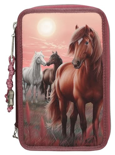 Depesche 13680 Miss Melody Dreamland - Gefüllte 3-Fach Federtasche in Beerefarben, mit Pferde Motiv, Federmappe mit Buntstiften, Schere, Lineal UVM, Braun