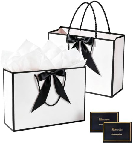 MtnLaur Geschenktüten 2 Stück, Geschenktüten mit Griffen Schleifenband, Mittlere Papier-Geschenktüte Set mit Seidenpapier+Grußkarte, für Mädchen Frauen Geburtstag Hochzeit Baby shower (Weiß)
