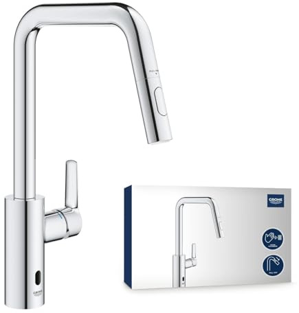 GROHE Start, Küchenarmatur mit Infrarot-Sensor, 2 Strahlarten (Manuelle oder berührungslose Bedienung, ausziehbare Brause, 150° schwenkbar, wassersparend, inkl 6 V Batterie), chrom, 1012430000
