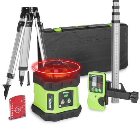 Grettz G60 Red Beam Rotary Laser Level Kit – 400 m Range w/Receiver, ±3 mm @30m Accuracy – Includes Aluminium Tripod, 2 m Staff, Hard Carry Case – Professional Indoor & Outdoor Levelling Tool
