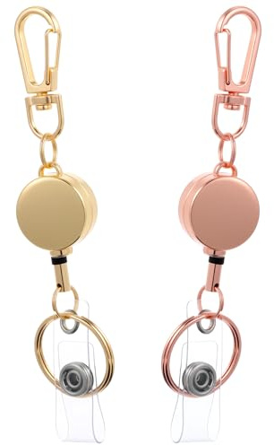 2Pcs Retractable Keychain, Durable Metal Badge Holder Retractable Reel with Key Ring, Clip and Carabiner, ID Card Clip & Keychain Dual Purpose, Simple Design for Easy Access, Gold & Rose Gold