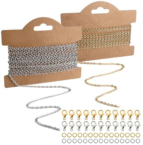 TOAOB 5 M Gliederkette Edelstahl Kabel Kette 2.5 mm Silber und Golden | 60 Sprung Ringe, 20 Karabiner Verschlüsse, für DIY Schmuck Basteln Herstellung