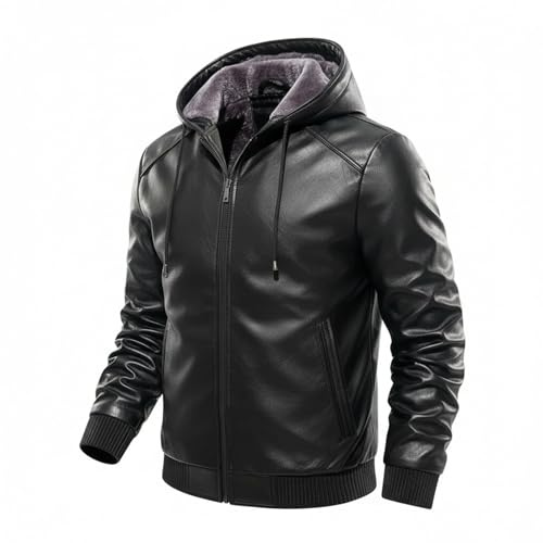 Vhersily 2026 Giacca Pelle Uomo Invernale in Pelle Sintetica con Cappuccio Imbottita Antivento e Chiusura Lampo Caldo In Hoodie con Tasche e Coulisse con Zip Per Corsa, Escursionismo, Motociclista