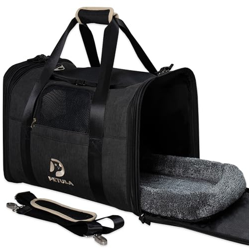 Petula Katzentransporttasche faltbar für Katzen & kleine Hunde bis 13 kg | Formstabil, mit weicher Innenmatte, atmungsaktives Material, für Reisen, mit Tragegurt, 44×32×34 cm, Schwarzes Design