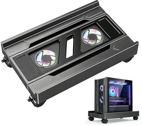 Soporte para PC, soporte universal ajustable para CPU debajo del escritorio con 2 ventiladores de refrigeración, carrito de torre de ordenador con 4 ruedas, marco principal para escritorio de oficina