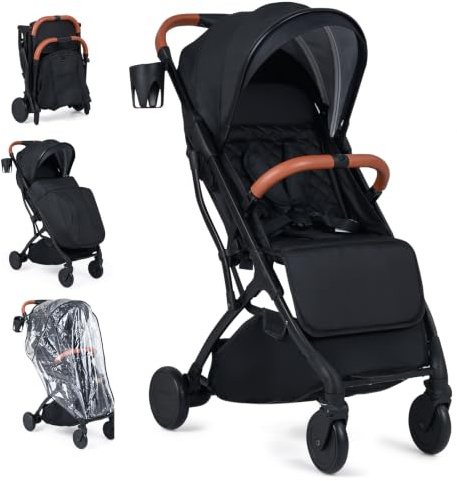 LIFEZEAL Lättviktsvagn för barn 0–3 år, vikbar resebarnvagn med tak, fotstöd, mugghållare, förvaringskorg, regnskydd, upp till 15 kg (svart)