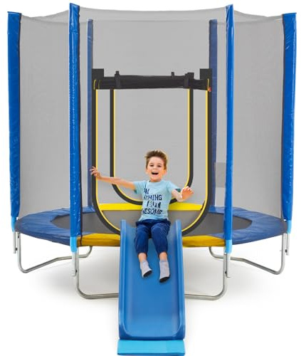 Fulasofia 5FT/7FT/10FT Trampoline for Kids with Slide, Safety Enclosure Net, Jumping Mat, Safety Pad and Ladder – Indoor & Outdoor Toddler Trampoline for Garden or Home Use