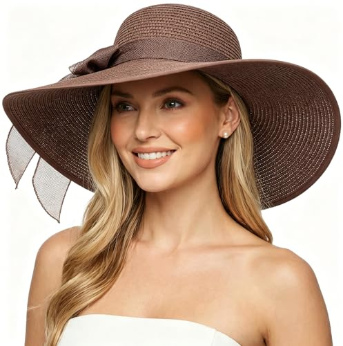 DRESHOW Damen Breit Krempe Strohhut Faltbar Schutz Strandhut Elegant Sommer Hut Sonnenhüte UPF 50+