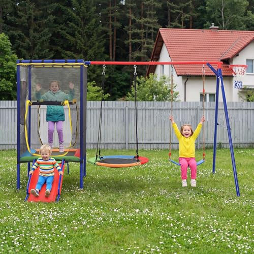 Multifunktionales Schaukel Outdoor Set mit Trampolin, Rutsche & Basketballkorb – Kinderschaukel Outdoor Spielplatz für Garten, Nestschaukel & Sicherheitsnetz, Outdoor Schaukel für Kinder ab 3 Jahre