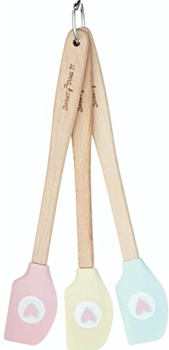 KitchenCraft Sweetly Does It Set di 3 Piccole Spatole da Cucina con Teste in Silicone e Manici in Legno, 20,5 cm - Multicolore con Disegno a Cuore