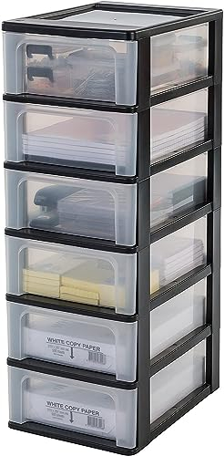Iris Ohyama, Kunststoff Schubladenbox mit 6 flachen Schubladen, Schwarz, Easy-Pull-System, A4, A5 & A6 Format, Schreibtisch Organizer für Büro, Schreibwaren, BPA-frei, Schubladenschrank, OCH-2006