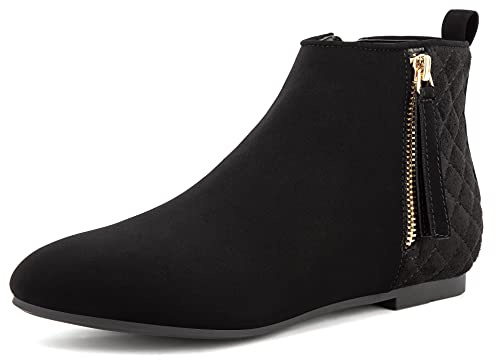 MaxMuxun Women's Ankle Boots Flat Low Heel Booties Ladies Quilted Fall Winter Fashion Boots with Side Zipper Black Faux Suede Size 10
