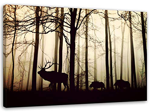Feeby Bild auf Leinwand Hirsch Wald Nebel XXL 100x70 cm 1Teilig Wohnzimmer Schlafzimmer Modern Bilder Wandbilder Leinwandbilder Kunstdruck Wanddeko Design Natur Wildschweine Braun