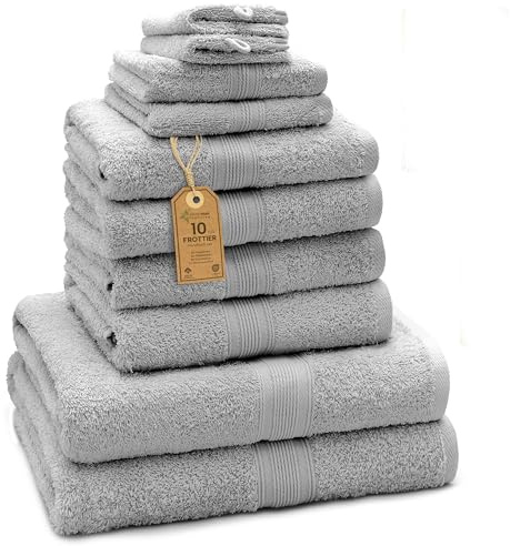 Green Mark Juego de 10 Toallas 100% algodón – 4 de Mano 50×100, 2 de Ducha 70×140, 2 de Invitados 30×50 y 2 Manoplas de baño - Gris Plata