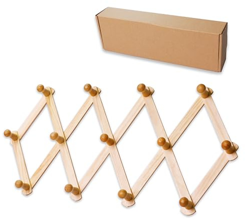 Prairie Star Wooden Wall Hanger Expandable Coat Rack Accordion Design 13 Peg Hooks Storage Caps,Purses,Hats,Scarves,Mug,Towels,Umbrella Accessories