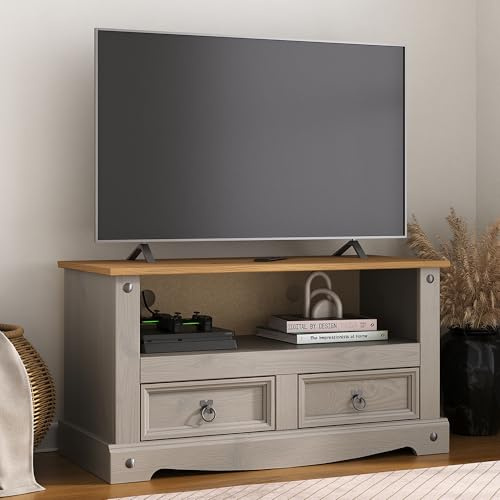Corona Grey TV Stand Flat Screen 2 Drawer Television Cabinet Solid Pine Wood Unit