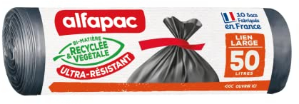 alfapac - 10 sacs-poubelle 50L à lien large ultra-resistant - fabriqués en France - bi-matière recyclée & végétale - Gris