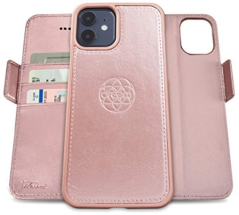 dreem Fibonacci 2in1 Custodia Portafoglio in Pelle per iPhone 12 Mini | Cover iPhone Magnetica Antiurto TPU Sottile | Protezione RFID | 2 Posizioni | Confezione Regalo – Rosa Dorato