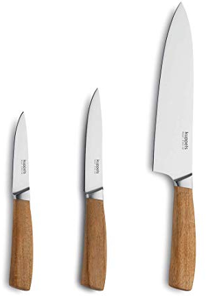 Kuppels | Messerset WOOD | 3-teilig | scharfe Messer mit Akazienholzgriff | Klinge aus gehärtetem Edelstahl | Kochmesser, Allzweckmesser, Gemüsemesser | Küchenmesser Set für präzises Schneiden