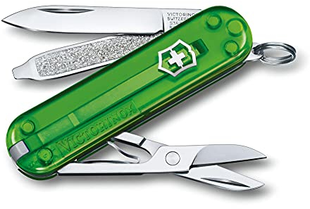 Victorinox, Classic SD, Coltellino Svizzero, Originale, Multiuso, Campeggio, 7 Funzioni, Lama, piccola, Lima per unghie, Verde Trasparente