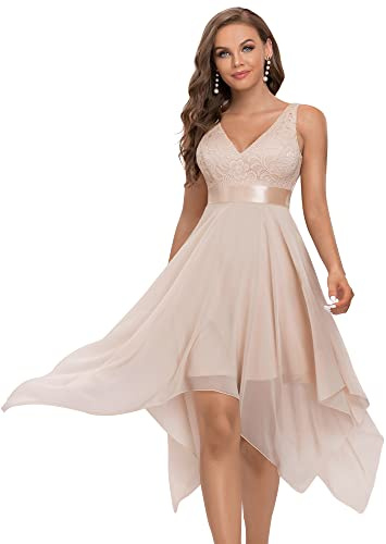 Ever-Pretty Abiti da Sera Senza Maniche con Scollo a V Stile Impero Linea ad A in Pizzo Chiffon al Ginocchio con Orlo Asimmetrico da Donna Arrossire 40