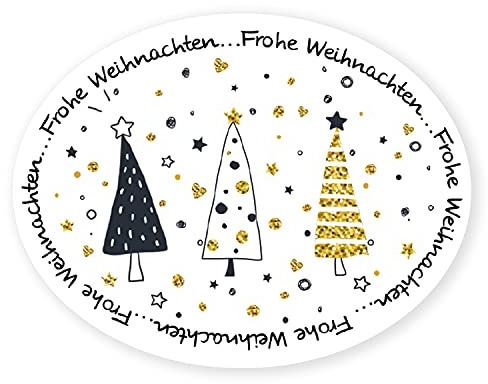 Weihnachtssticker Tannenbäume, 200 Stück: Etiketten-Rolle, Sticker Frohe Weihnachten, Weihnachtsaufkleber Selbstklebend, Geschenkaufkleber Oval, Aufkleber Geschenke, Klebeetiketten, 6 x 4,5 cm