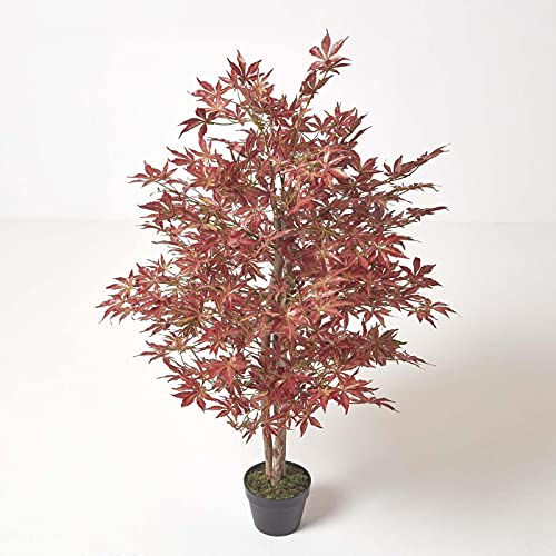 HOMESCAPES Árbol artificial realista de Acer de 120 cm de alto falso arce japonés con tronco de madera real en maceta negra