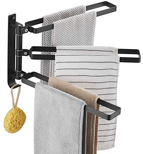 ZJYWMM Rotatable Telescopic Hand Towel Holder 3 Arms Aluminium Look Towel Rail, Wall-Mounted Bathroom Kitchen Towel Rack Black