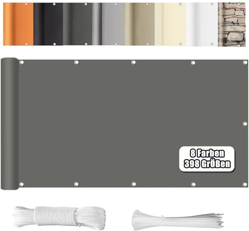 WEALSFUN Balkon Sichtschutz Balkonabdeckung (390Größen & 8 Farben) Balkonverkleidung Ohne Bohren blickdichte Wind UV-Schutz mit Ösen Kabelbinder Kordel,100X800CM Grau