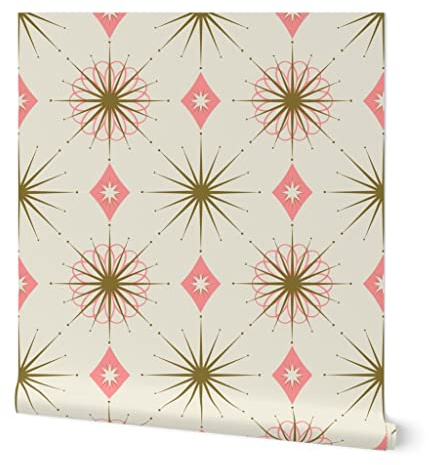 Spoonflower Peel & Stick Wallpaper Swatch - Pink Retro Diamond 1950S Mid Century Atomic Custom Removable Wallpaper