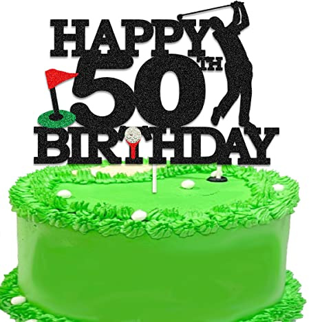 ChoJoy Golf 50th Happy Birthday Cake Toppers, 50 Pieces, Gold Glitter Paper, 5.8 x 3.8, Golf & 50th Birthday Party