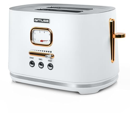 Muse Edelstahl-Toaster im weißen Retro Design, analoge Anzeige, beleuchtete Tasten, 6 Bräunungsstufen, 2 Scheiben, MS-130 W, Vintage Look, mit Krümelschublade