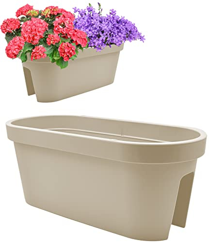 Stephans Möbelbörse 2er Set Balkon Geländer Blumenkasten, Geländertopf, Balkonkasten, Blumentopf, Blumenkübel, Pflanztopf Railing oval 59x26cm (Taupe)