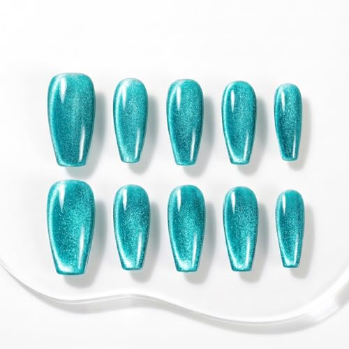 Sun&Beam Nails Handgefertigte Press-On Medium Ballerina Türkis (#084 S) | Türkis mit feinem Schimmer und dezentem Glitzer, glänzendes Finish, 10-teiliges Set