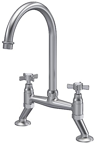 nuie KB606 Kitchen Taps Traditional Bridge Mixer Kitchen Tap with Crosshead Handles, 237mm, Brushed Nickel