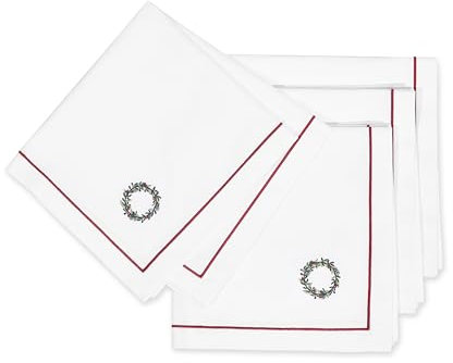 Hofdeco Premium Klassische Weihnachtsservietten aus Baumwolle, waschbar, für Weihnachten, Veranstaltungen, Partys, bestickter Kranz, Rotgrün, 50,8 x 50,8 cm, 4 Stück
