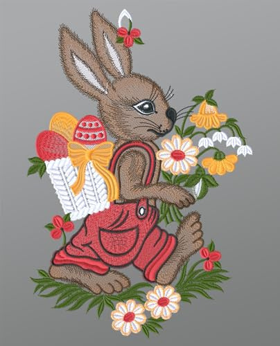 Plauener Spitze Fensterbild Hase mit Osterkörbchen (Bx H) 21cm * 32cm Mehrfarbig Fensterdekoration Fensterschmuck