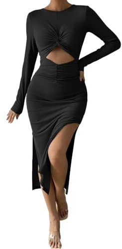FDEETY Vestido Mujer Elegante Cuello Redondo Manga Larga Rushed Bodycon Abertura Lápiz Vestidos de Fiesta Invitada Bodas Noche (Negro,XL)