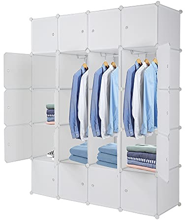TactFire Kleiderschrank aus Kunststoff, 20 Würfel, Modulare Kleiderschränke für Platzsparendes, Kinderkleiderschrank, Garderobenschrank, Aufbewahrung von Kleidung, Schuhen, 140 x 45 x 175 cm, Weiße