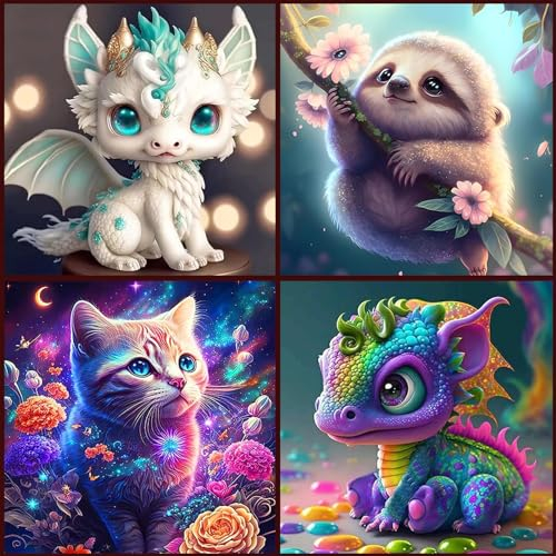 KEYRANKE 4er Diamond Painting Kinder Kleine Bilder, Diamant Painting Bilder Set Tiere Katze Faultier Drache Dinosaurier für Erwachsene mädchen, Runde Steine für Weihnachtsges-chenk 30x30cm