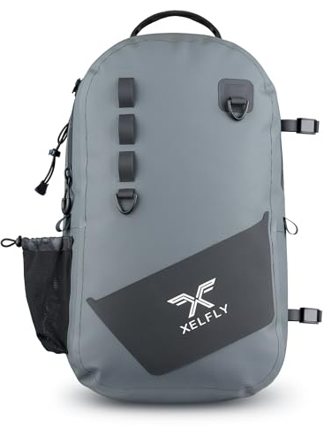 Xelfly - Waterproof Fishing Backpack with Rod Holder, Inflatable Air Valve, Padded Waist Straps & Gear Loops - Submersible Zipper, Rugged Top Handle, Adjustable Attachments (Gray)