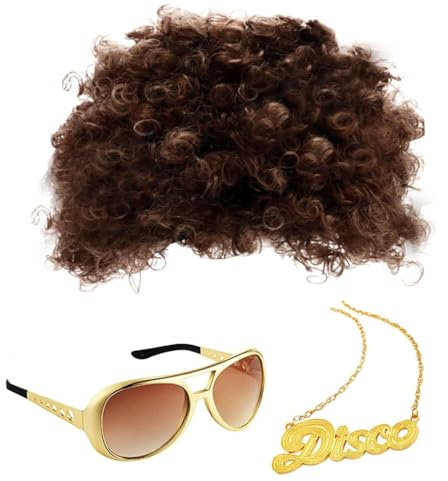 Chyuxinda 3er Hippie Kostüm Perücke Sonnenbrille Halskette 70er Jahre Disco Funky Afro Zubehör für 60er 70er 80er Motto Halloween Party