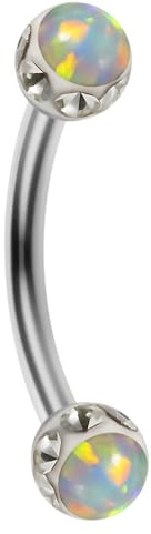 AZARIO LONDON Piercing per sopracciglio, con doppia pietra opale e sfera in cristallo epossidico con calibro 16 in acciaio inox curvo, per piercing al trago, 6mm Length, Pietra opale, Opale