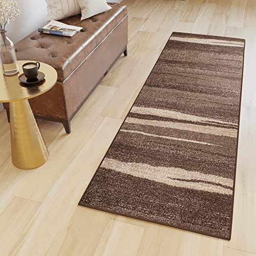 TAPISO Sari Teppich Läufer Flur Dunkelbraun Beige Kurzflor Modern Streifen Design Meterware Wohnzimmer Schlafzimmer Küchenteppich ÖKOTEX 70 x 130 cm
